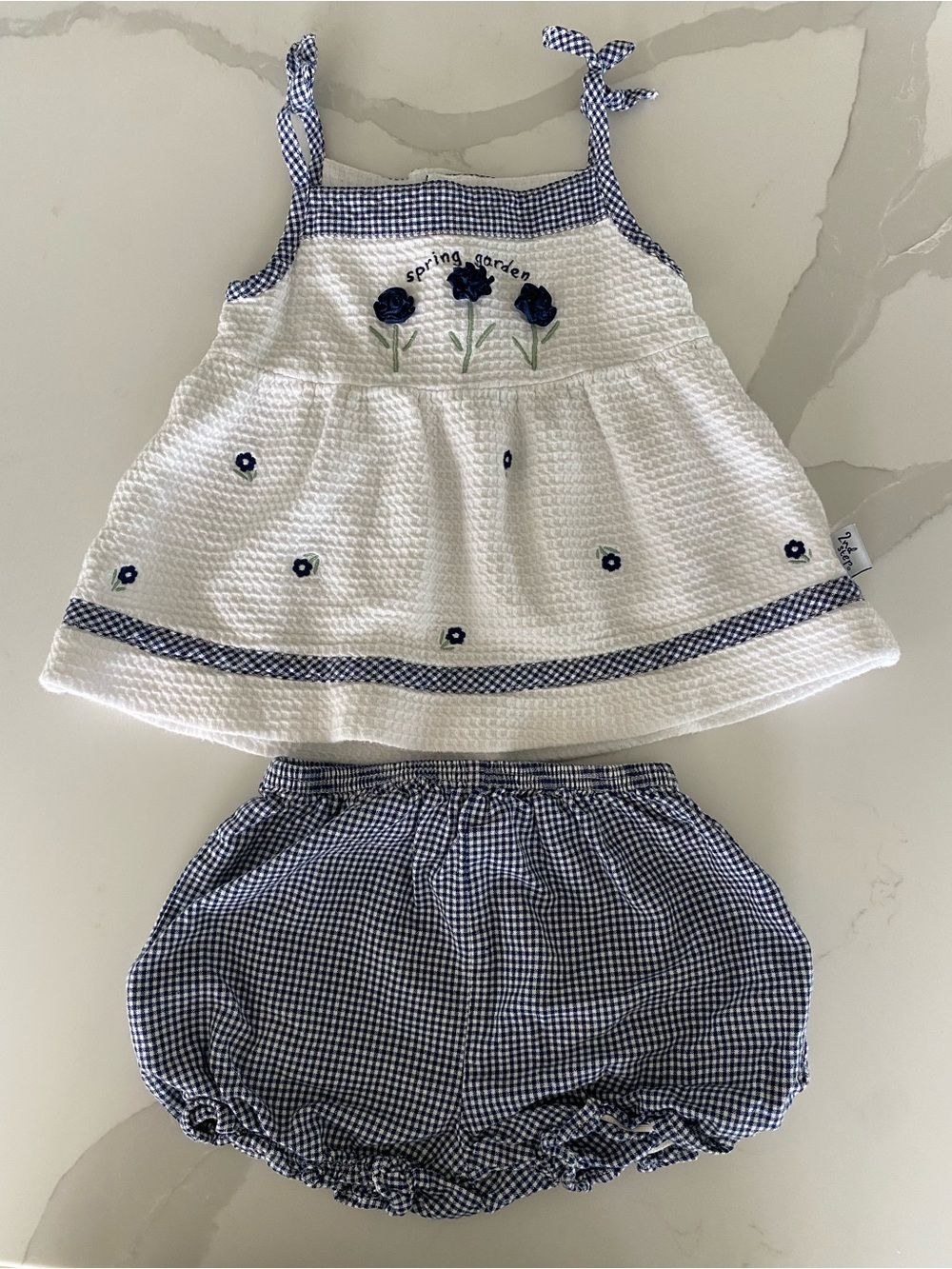 Vintage 2nd Step Blue White Gingham Floral embroidered Dress & Bloomers Set 12M